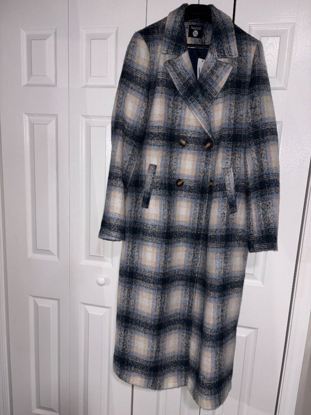Blue and White Plaid Check Longline Wool Blend Coat 4 Tall